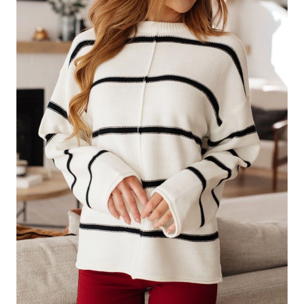 NWT Andree By Unit Oversized Sweater Womens Black White Stiped LS Pullover Sz 2X